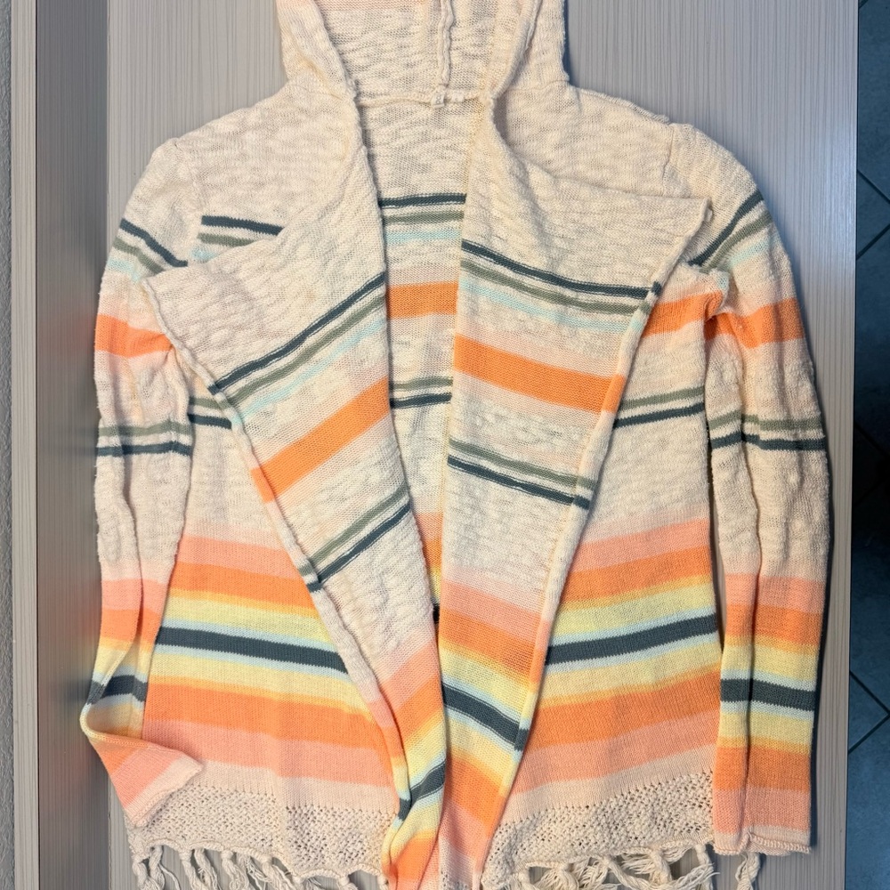 Women’s Ripcurl Brand Hooded Fringe Beach Cardigan Sweater with Stripes